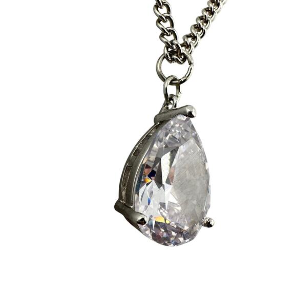 Cubic Zirconia Teardrop Solitaire Prong Set Silver Tone Elegant 18" Necklace - Picture 2 of 8